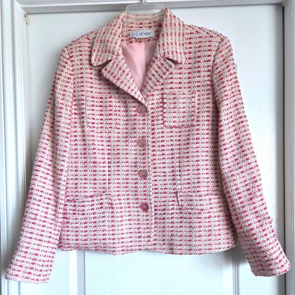 J.G. Hook Pink Silk Tweed Blazer Jacket Size 14 Boucle 4 Button Front Office